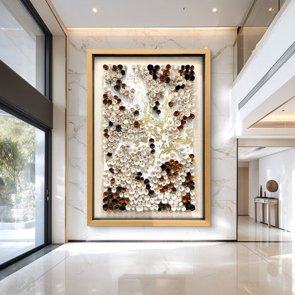 Decorative elements of contemporary art gallery, handcrafted wooden flowers and gold foil textured wall panels