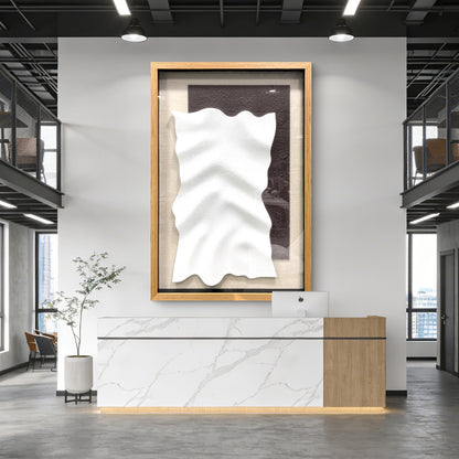 Minimalist 3D Sandstone Wall Sculpture – White Wave on Dark Rough Backing