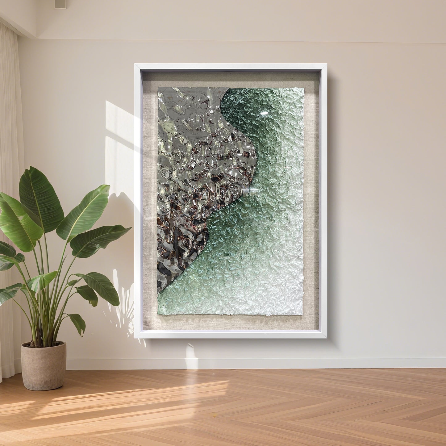Luxury Corporate Wall Sculpture, Silver Metallic Foil and Green Paper Relief