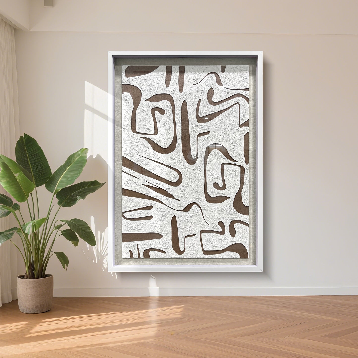 Modern abstract wooden carving decorative artwork, crafted from wood board with distinctive hollowed-out line details.