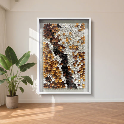 Modern abstract decorative paintings paired with round wooden flowers create a distinctive artistic style.