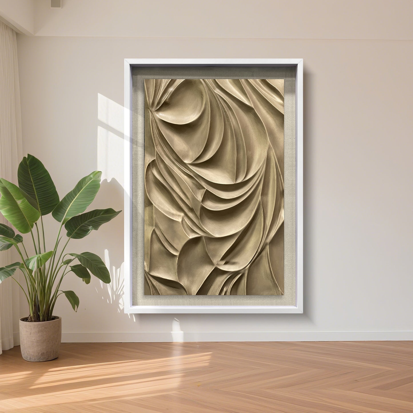 Luxury Corporate Wall Sculpture, Flowing Bronze Wood Carving with Tempered Glass