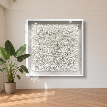 Pure White Textured Wall Art, 3D Faux Leather Sculpture for Commercial Spaces
