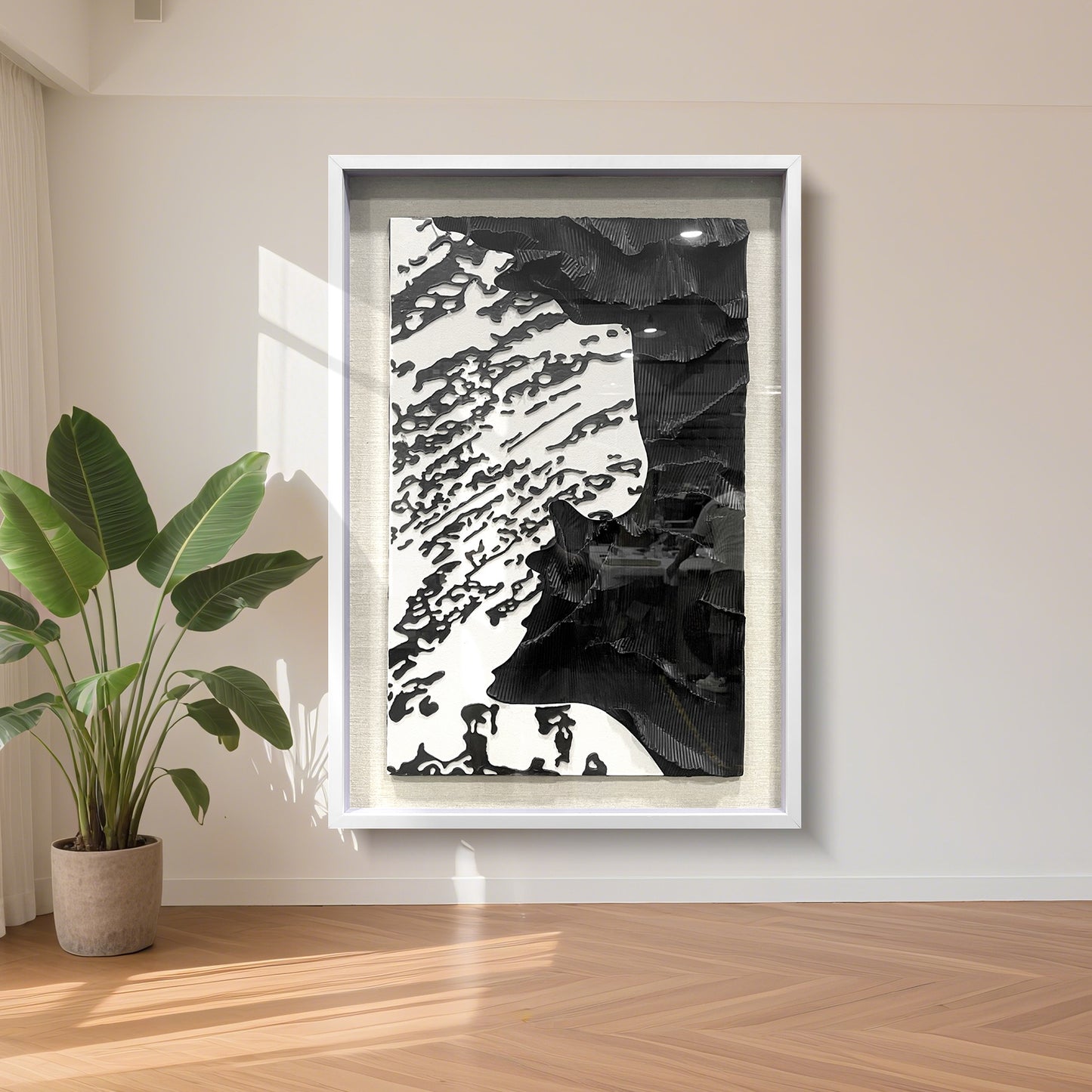 Modern Corporate Lobby Art, 3D Black and White Organic Sculpture with Tempered Glass