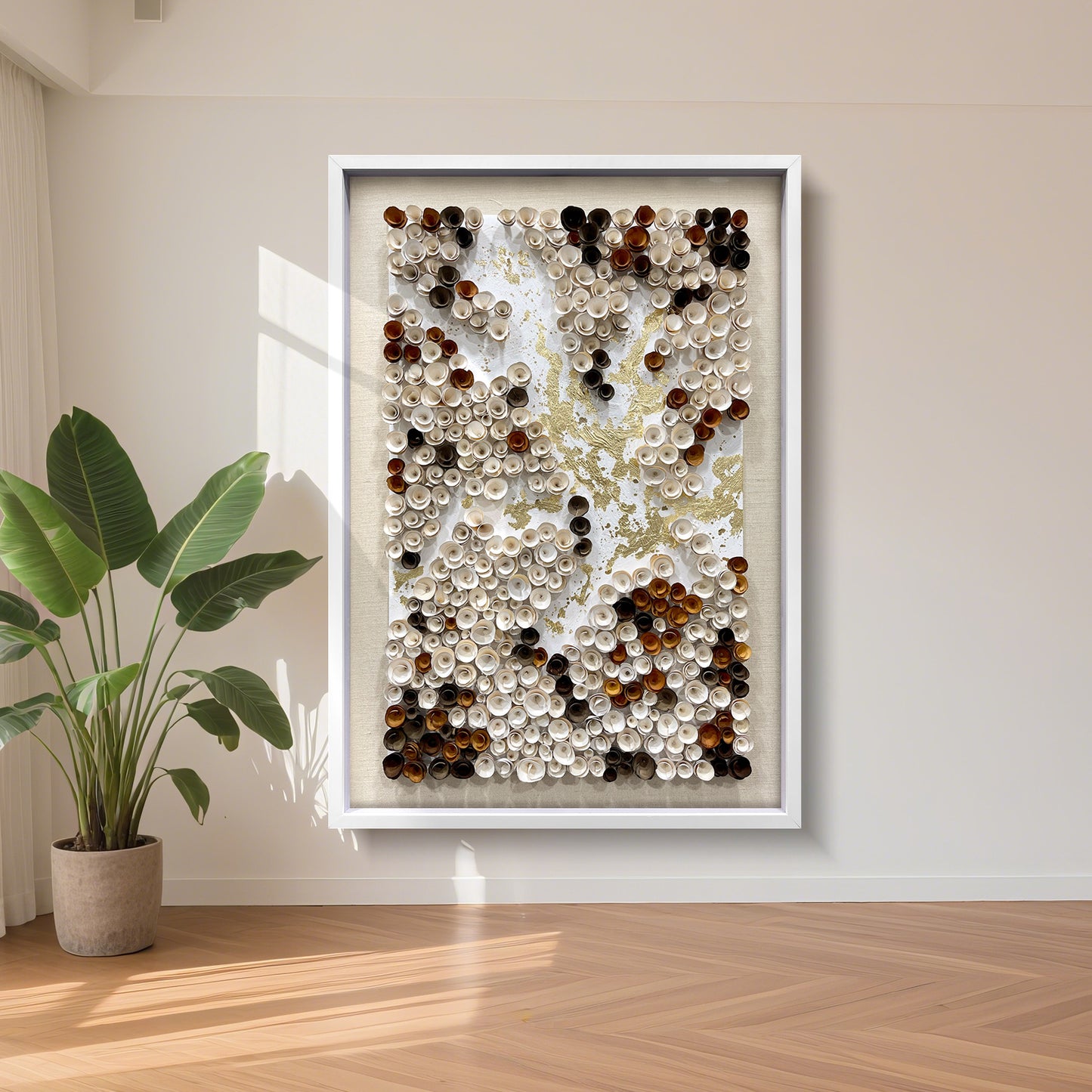 Decorative elements of contemporary art gallery, handcrafted wooden flowers and gold foil textured wall panels