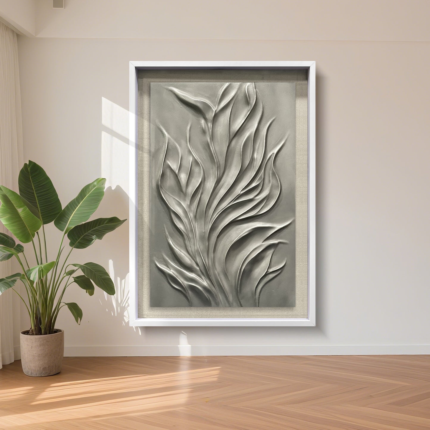 Minimalist Silver Flowing Sculpture, Wood Carving for Luxury Villa Interiors