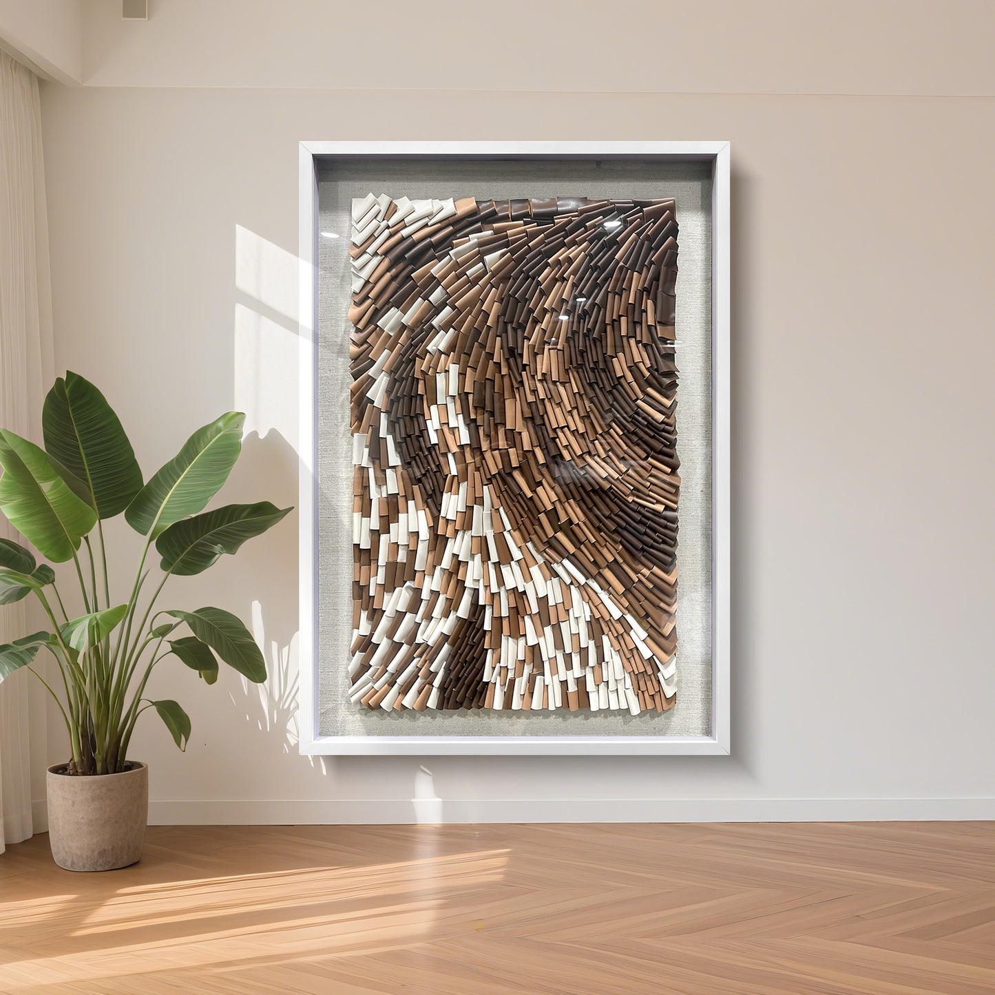 Modern 3D Wall Art, Handcrafted with Leather in Brown & White, Featuring Unique Artistic Design