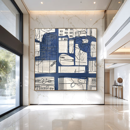 Abstract Line Art Wall Decor with Blue and Neutral Tones