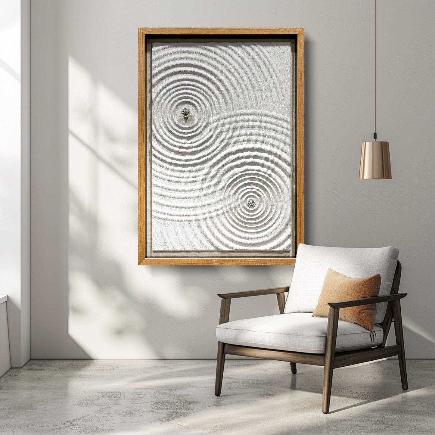 Minimalist Zen Ripple Carved Wood Panel with Silver Orb