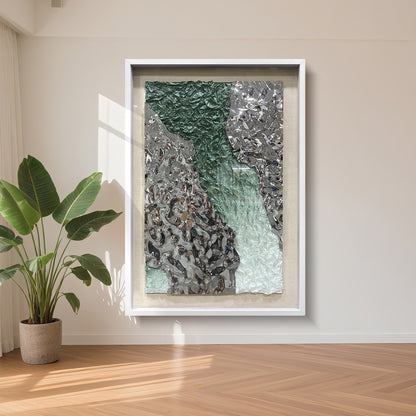 Green and Silver Crushed Metal Art, Abstract Paper Relief in Solid Wood Frame