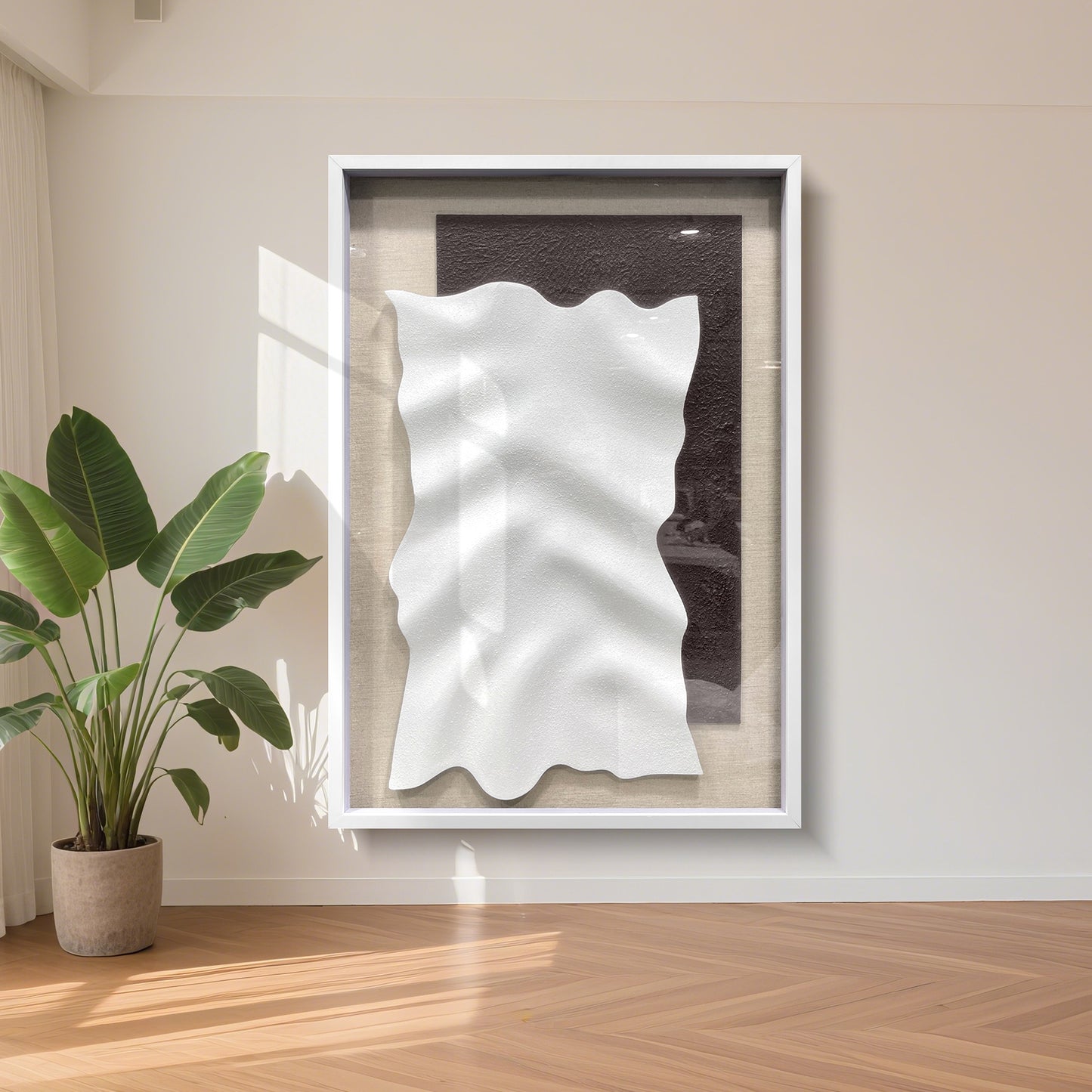 Minimalist 3D Sandstone Wall Sculpture – White Wave on Dark Rough Backing