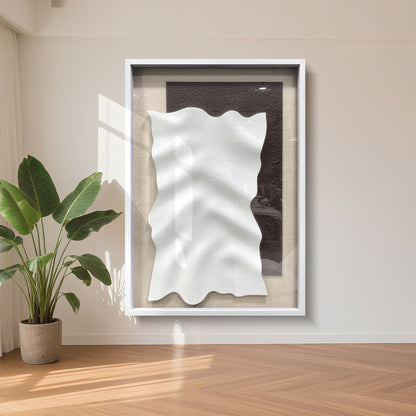 Minimalist 3D Sandstone Wall Sculpture – White Wave on Dark Rough Backing