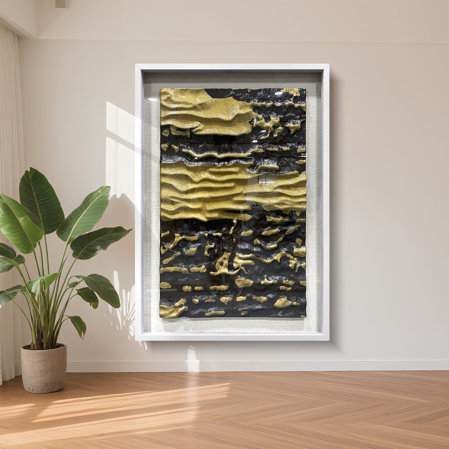 High End Hotel Wall Art, Abstract Black and Gold Wood Carving with Tempered Glass
