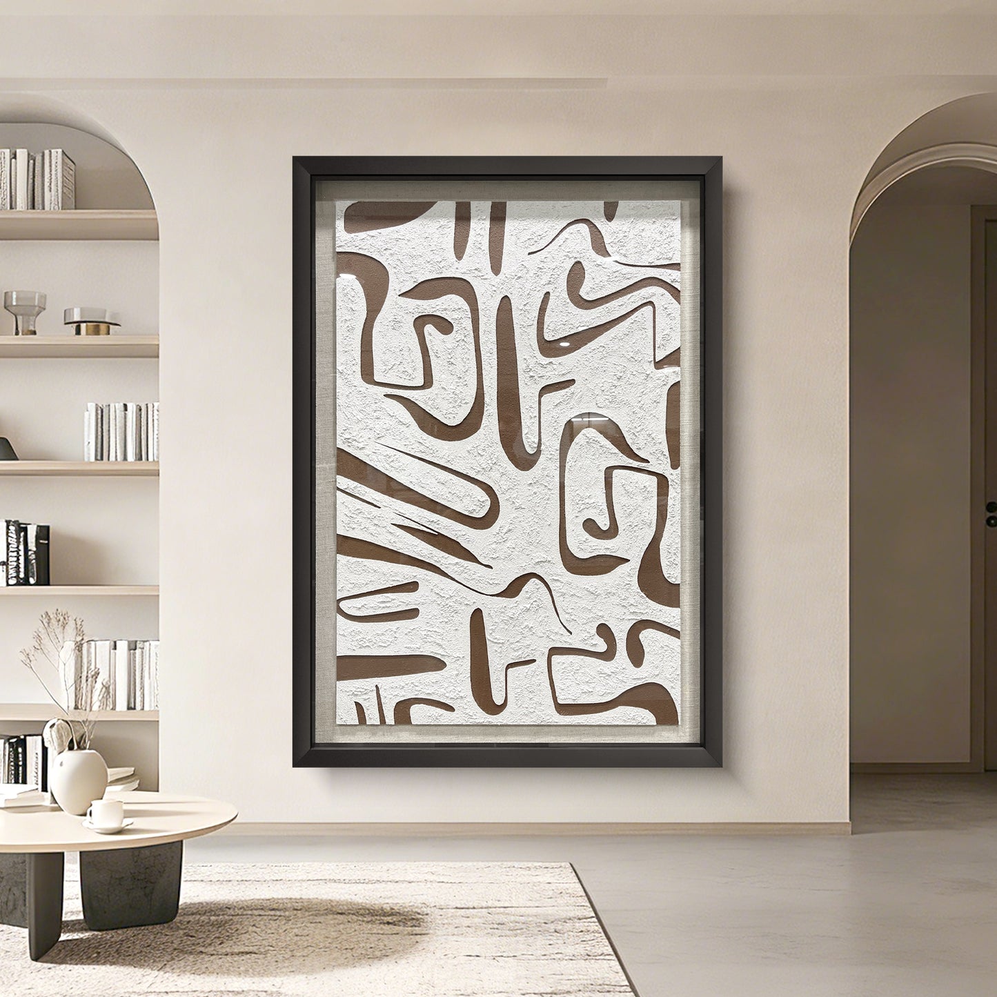 Modern abstract wooden carving decorative artwork, crafted from wood board with distinctive hollowed-out line details.