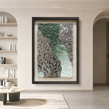 Green and Silver Crushed Metal Art, Abstract Paper Relief in Solid Wood Frame