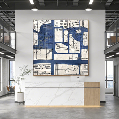 Abstract Line Art Wall Decor with Blue and Neutral Tones