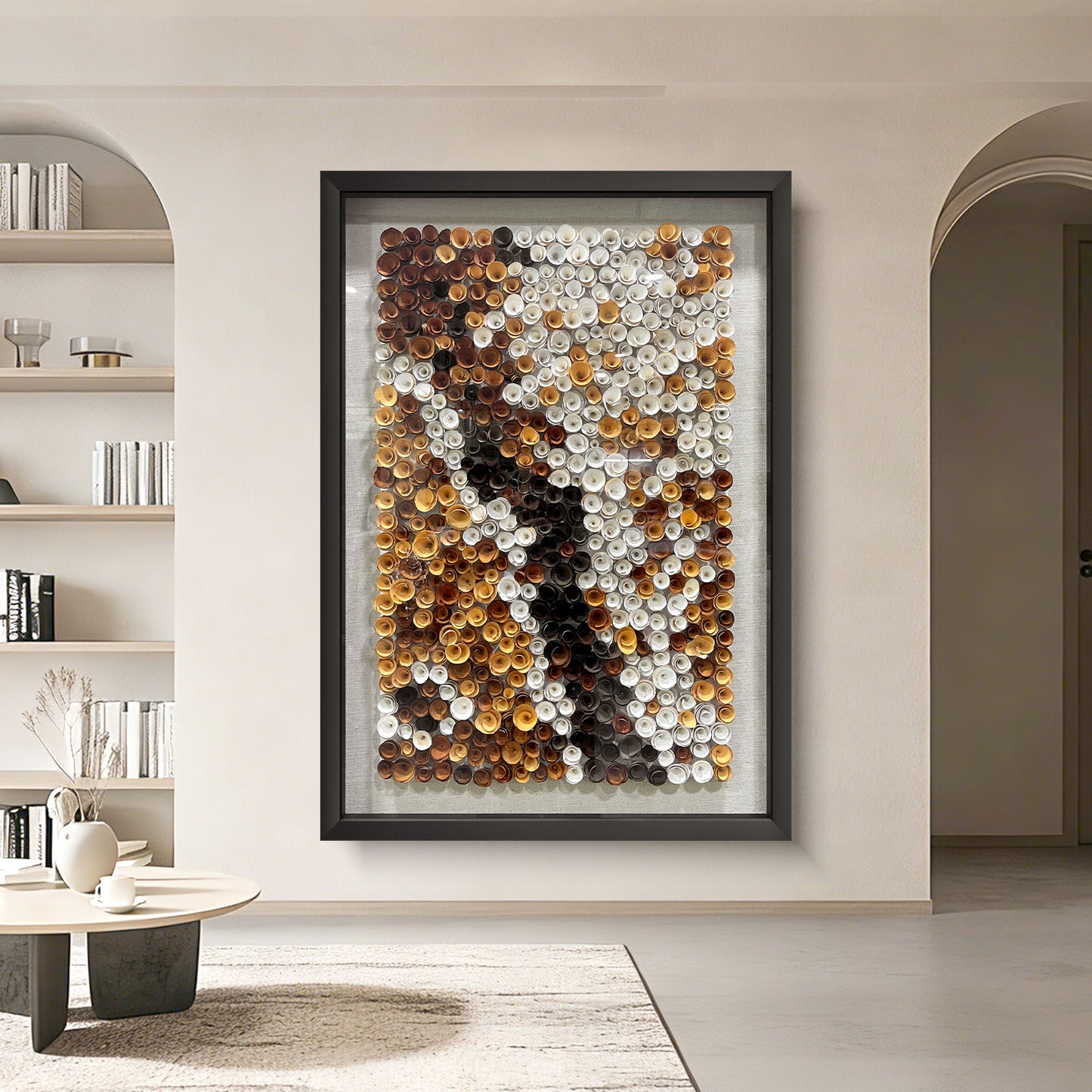 Modern abstract decorative paintings paired with round wooden flowers create a distinctive artistic style.