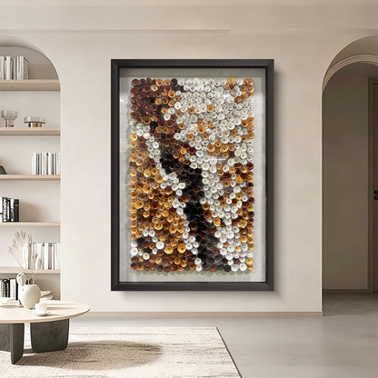 Modern abstract decorative paintings paired with round wooden flowers create a distinctive artistic style.
