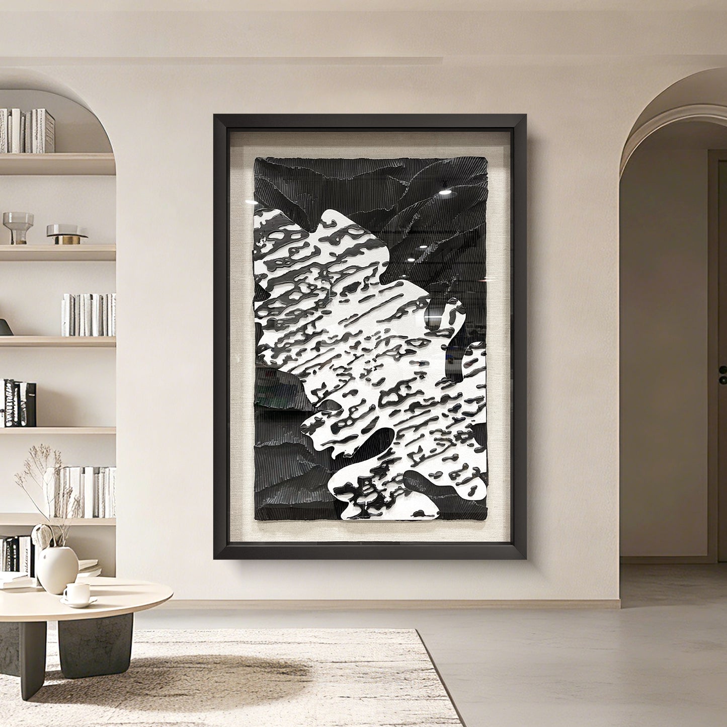 Minimalist Abstract Black and White Art, Flowing Paper Sculpture for Villa Interiors