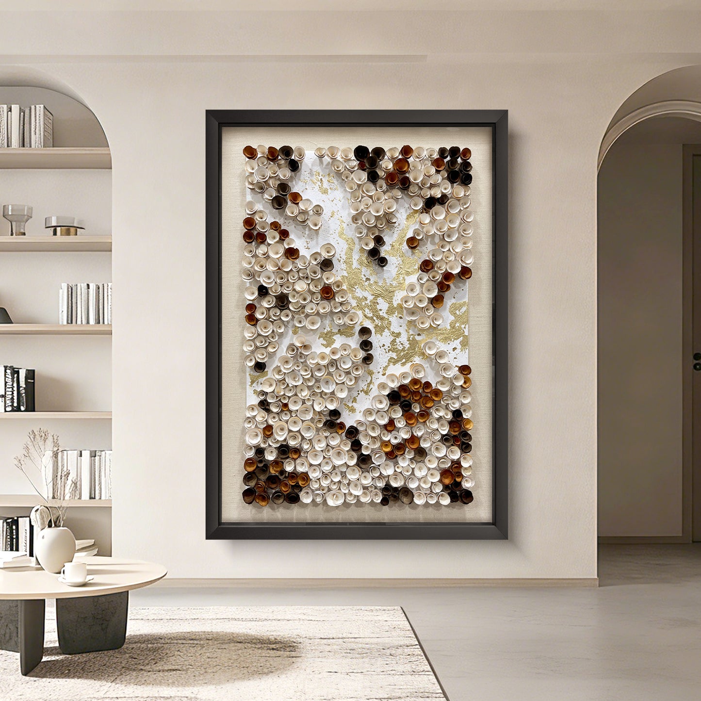 Decorative elements of contemporary art gallery, handcrafted wooden flowers and gold foil textured wall panels