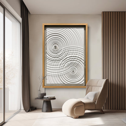 Minimalist Zen Ripple Carved Wood Panel with Silver Orb