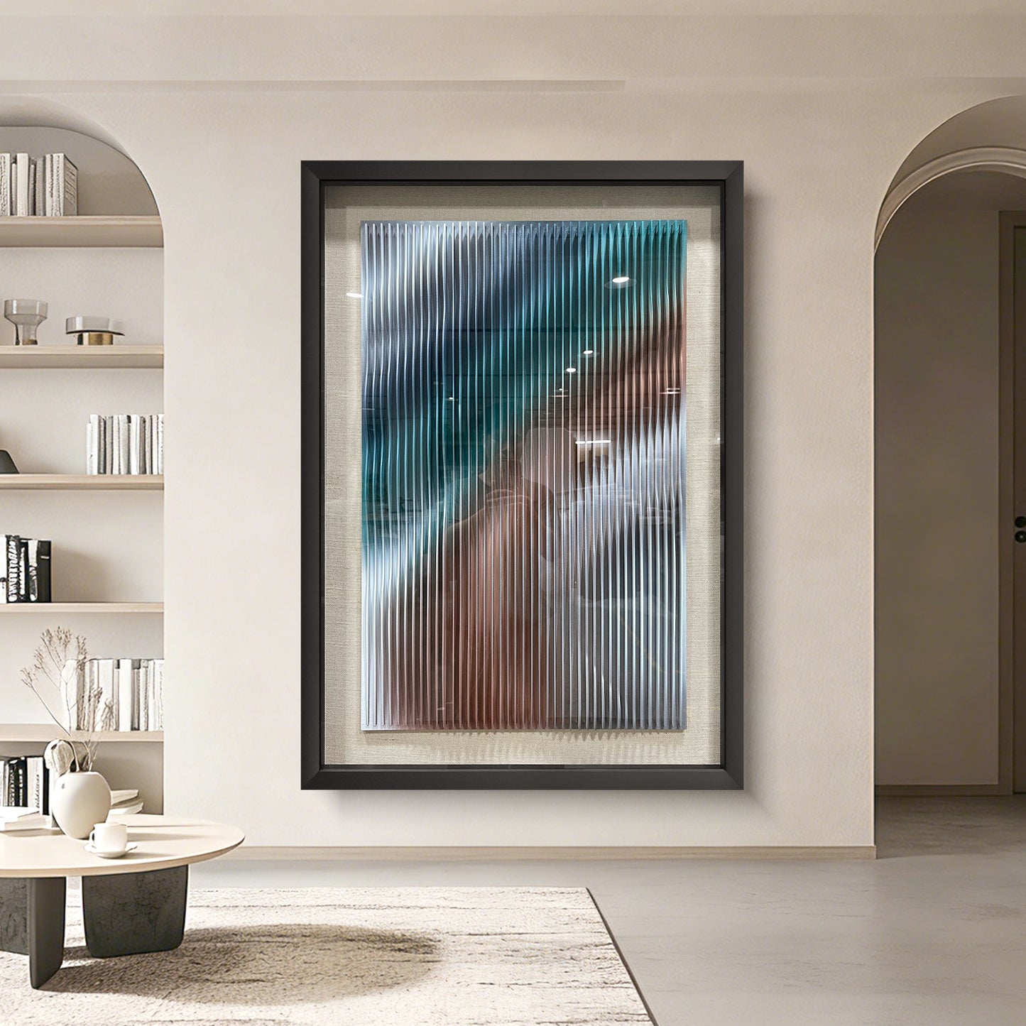 Contemporary Art Gallery Decor, 3D Vertical Wave Wood Sculpture with Color Gradient