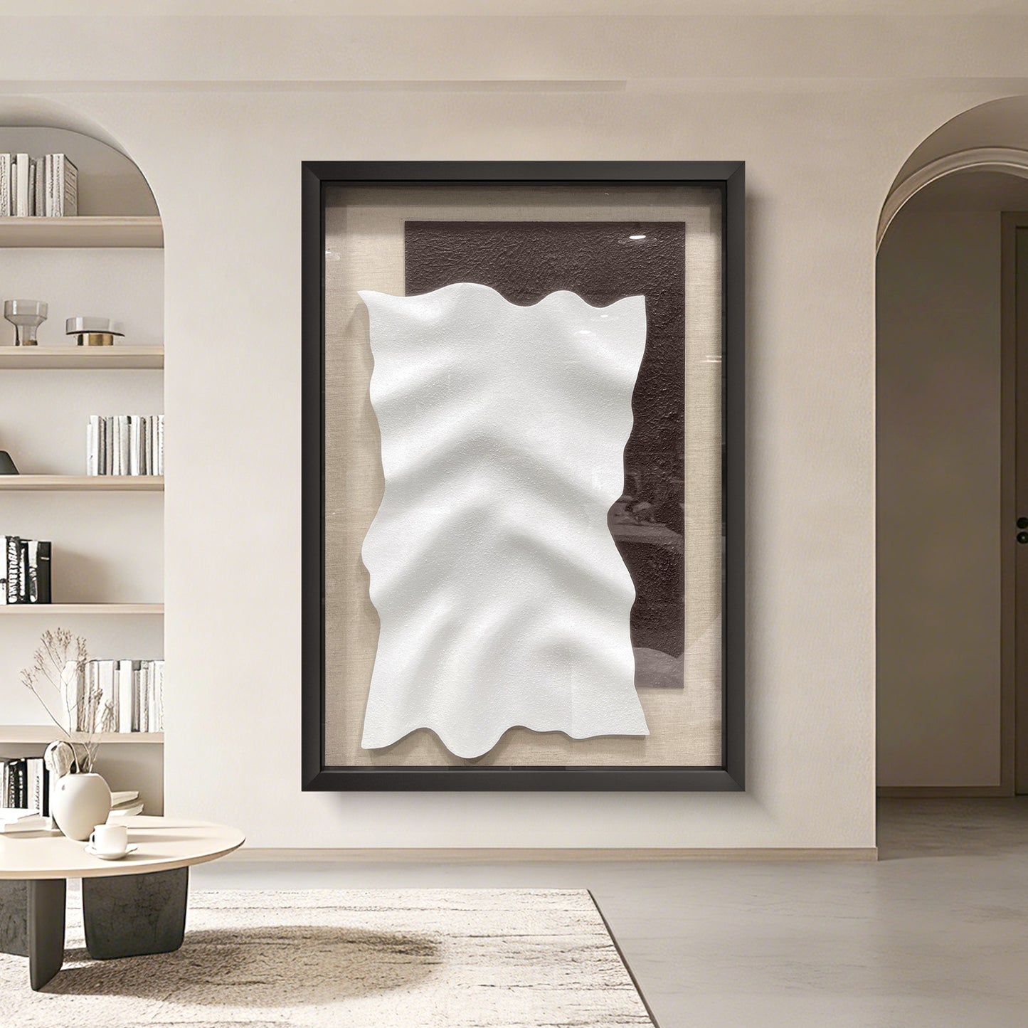 Minimalist 3D Sandstone Wall Sculpture – White Wave on Dark Rough Backing
