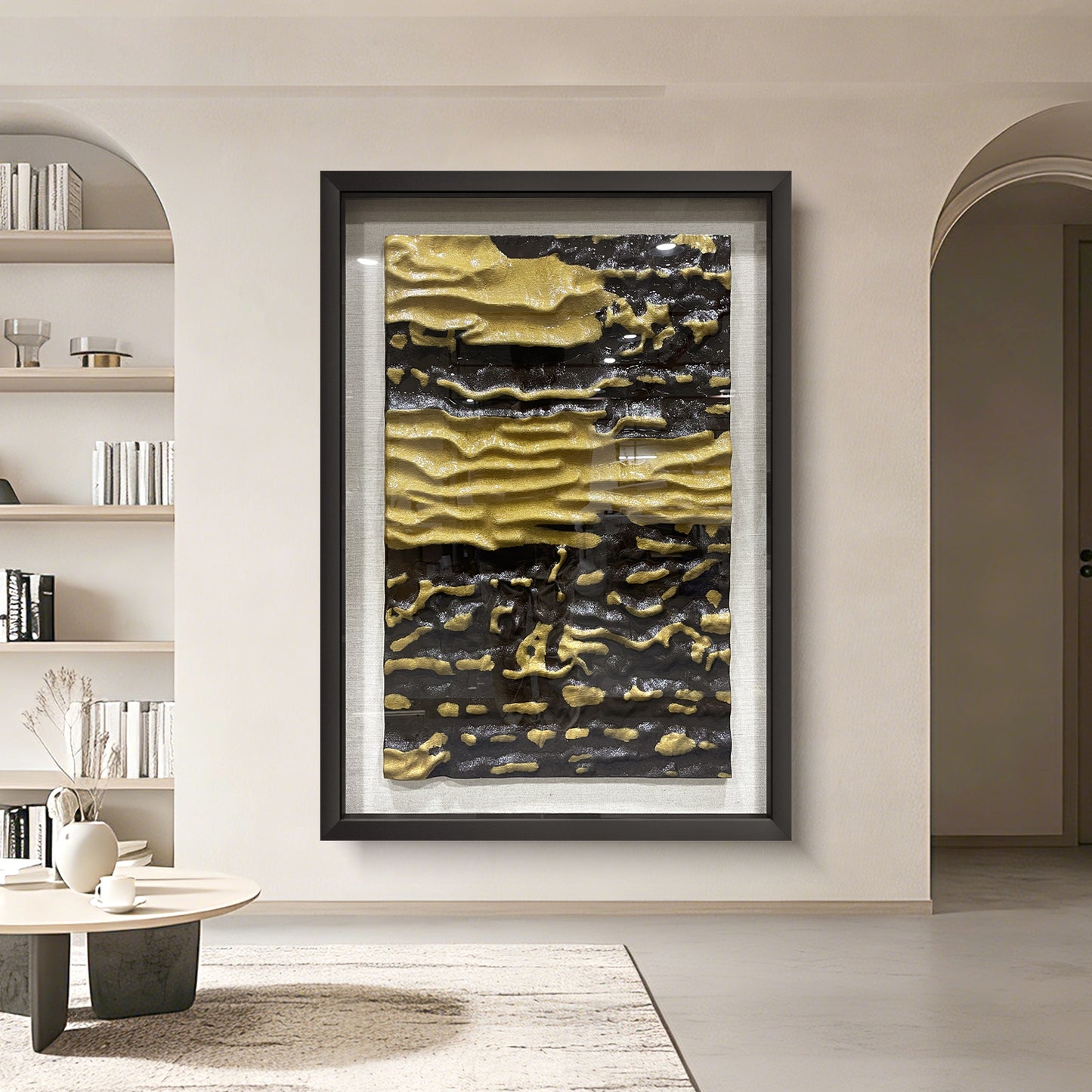 High End Hotel Wall Art, Abstract Black and Gold Wood Carving with Tempered Glass