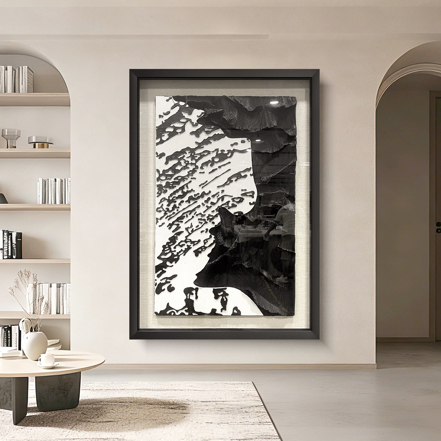 Modern Corporate Lobby Art, 3D Black and White Organic Sculpture with Tempered Glass