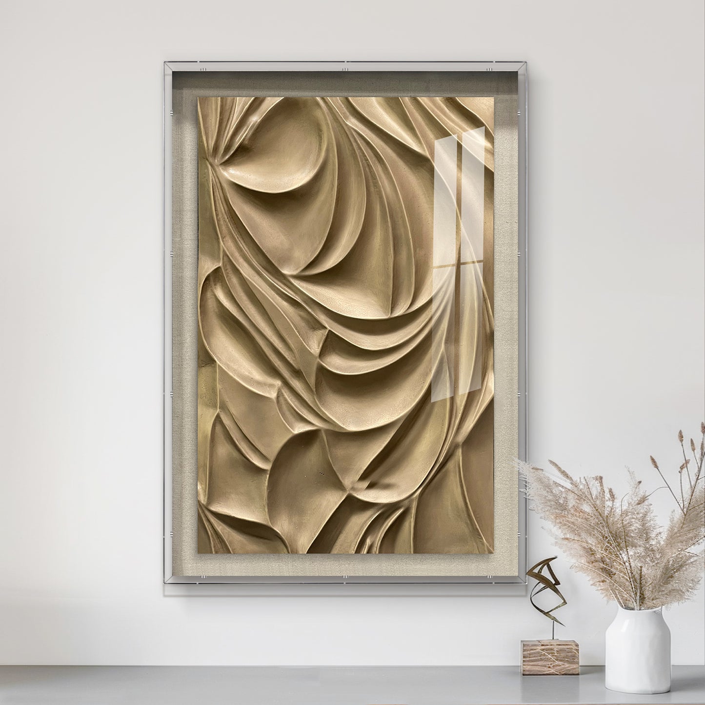 Luxury Corporate Wall Sculpture, Flowing Bronze Wood Carving with Tempered Glass