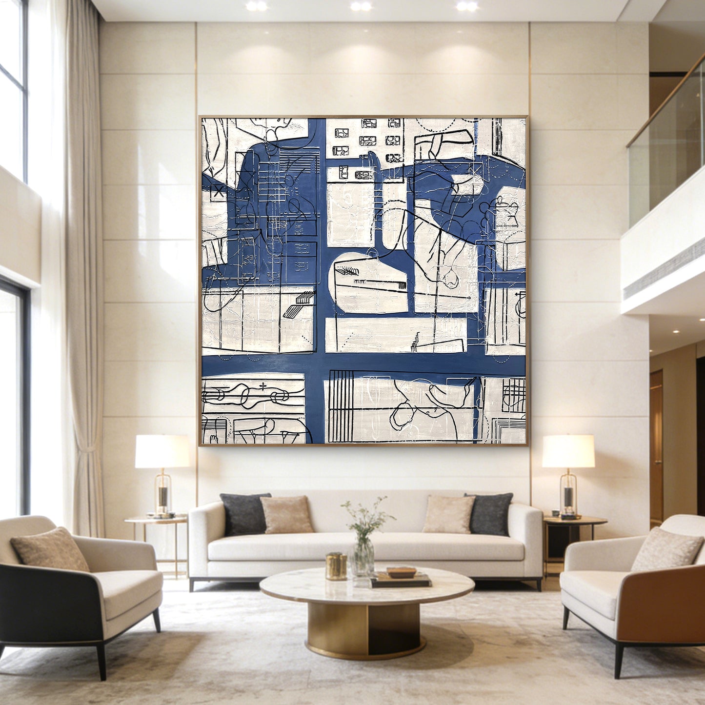 Abstract Line Art Wall Decor with Blue and Neutral Tones