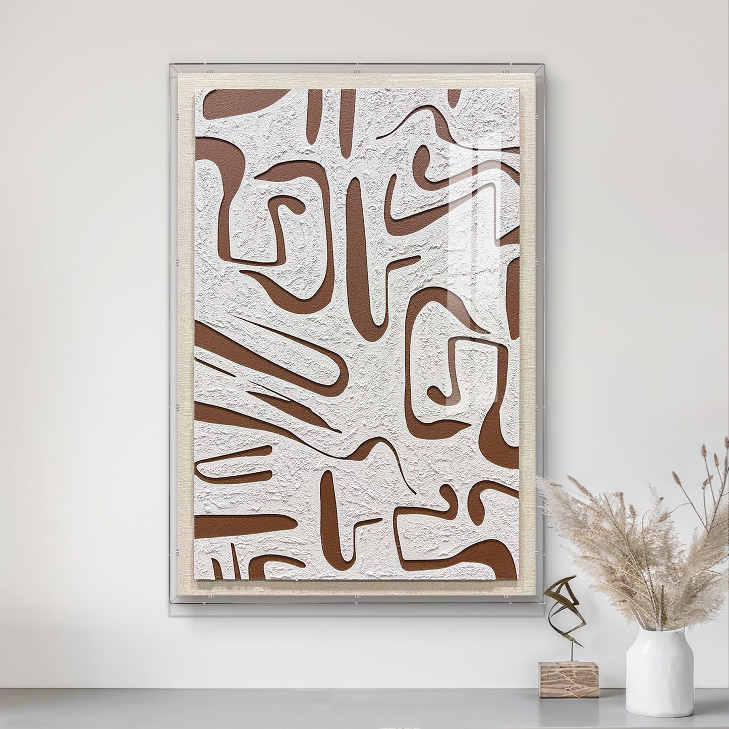 Modern abstract wooden carving decorative artwork, crafted from wood board with distinctive hollowed-out line details.