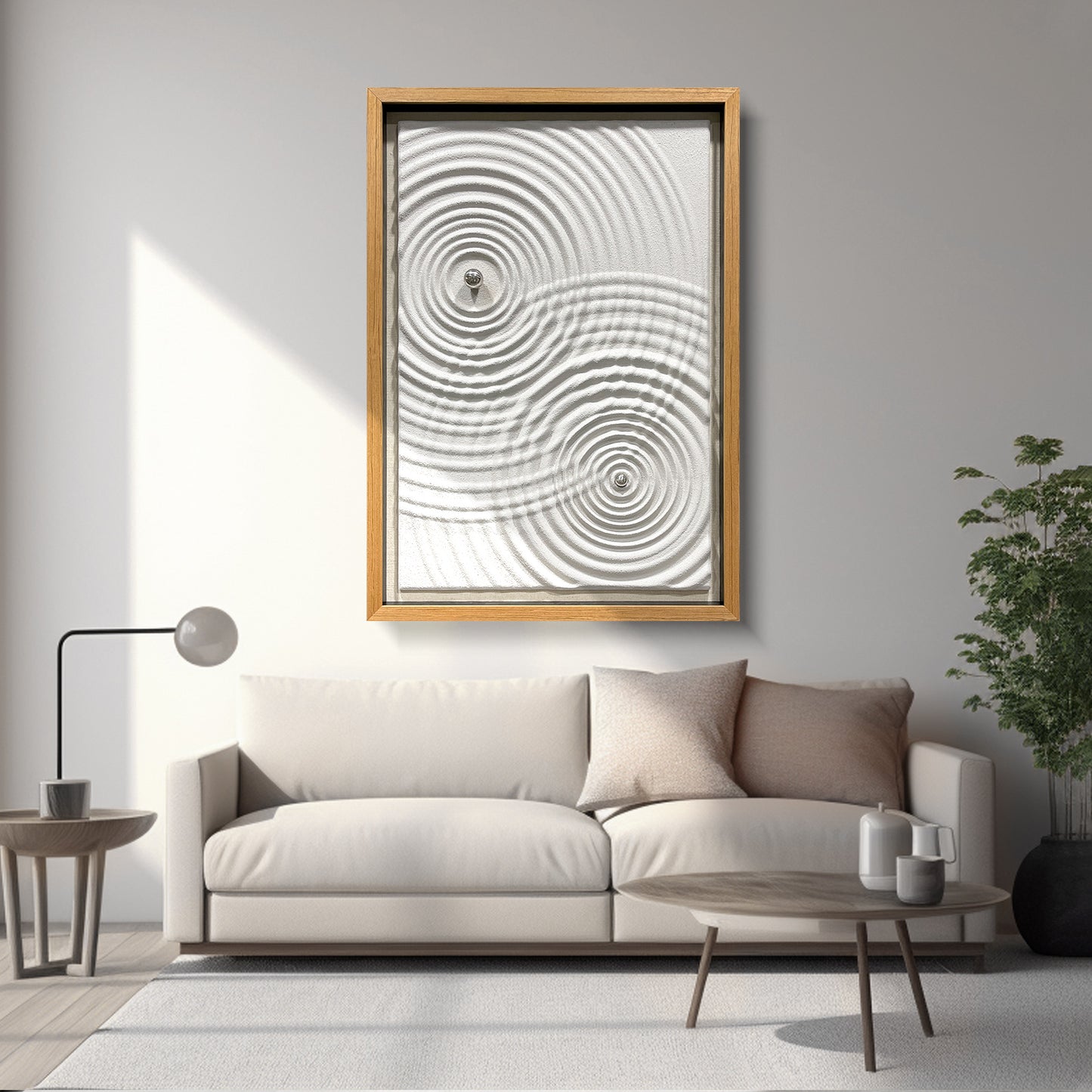 Minimalist Zen Ripple Carved Wood Panel with Silver Orb