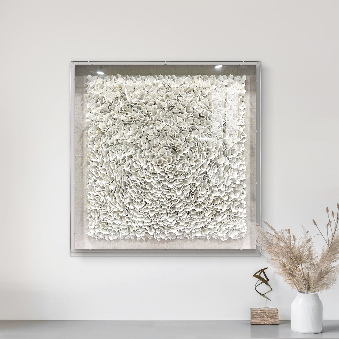Pure White Textured Wall Art, 3D Faux Leather Sculpture for Commercial Spaces