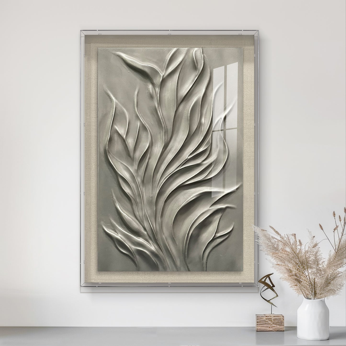 Minimalist Silver Flowing Sculpture, Wood Carving for Luxury Villa Interiors