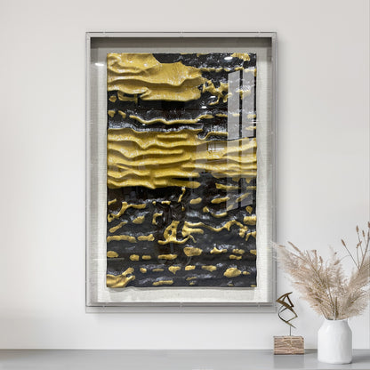 High End Hotel Wall Art, Abstract Black and Gold Wood Carving with Tempered Glass