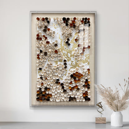 Decorative elements of contemporary art gallery, handcrafted wooden flowers and gold foil textured wall panels