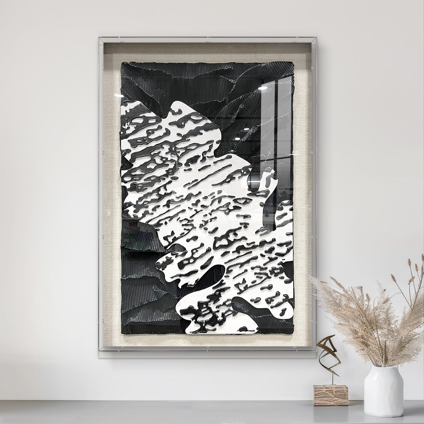 Minimalist Abstract Black and White Art, Flowing Paper Sculpture for Villa Interiors