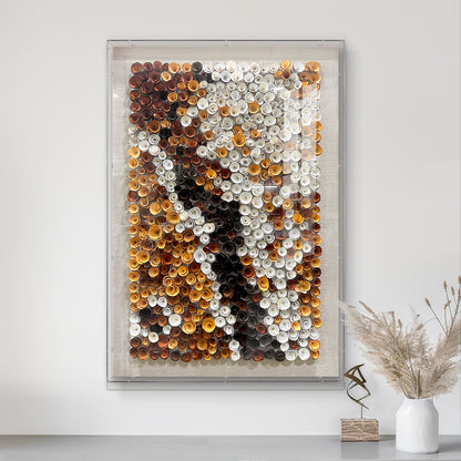 Modern abstract decorative paintings paired with round wooden flowers create a distinctive artistic style.