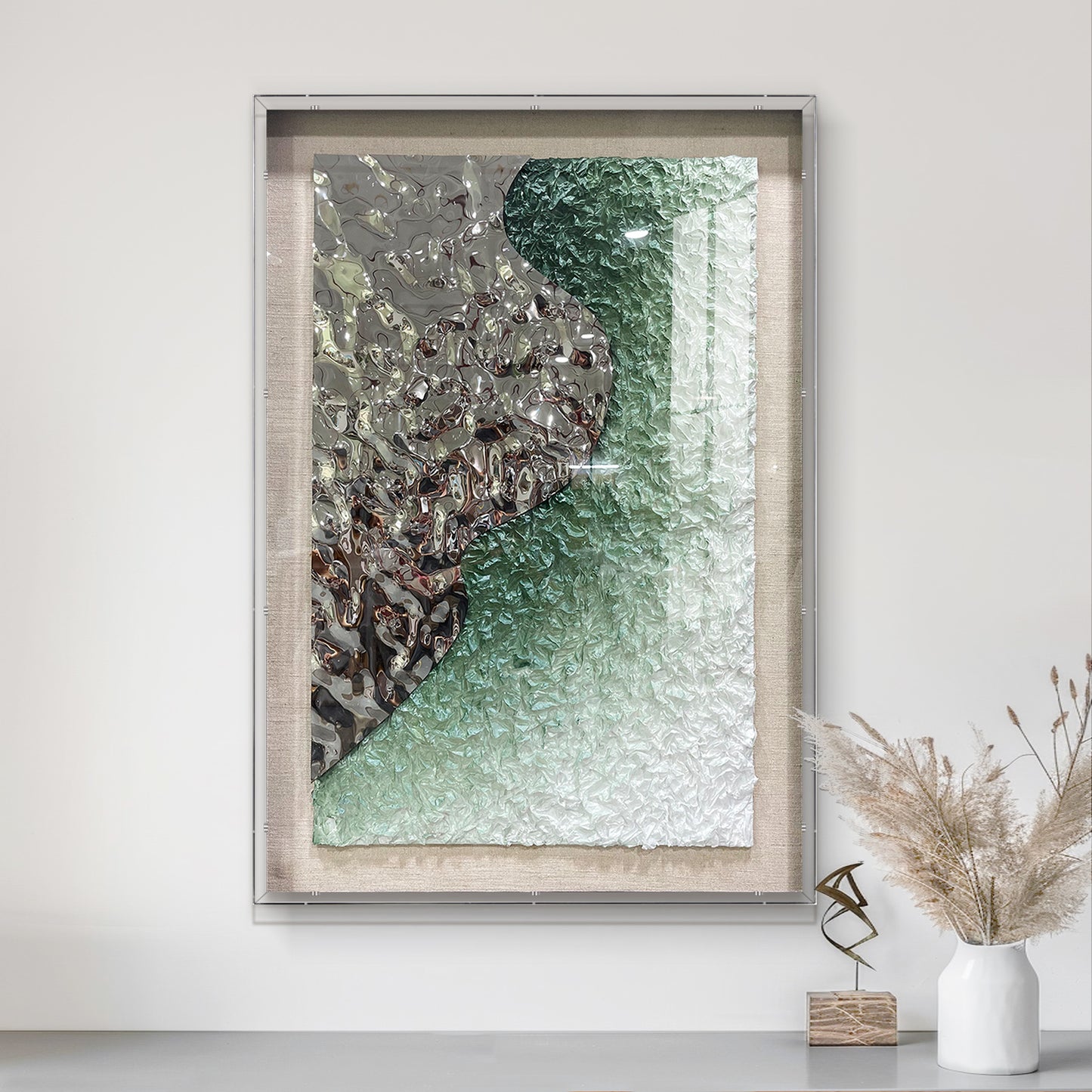 Luxury Corporate Wall Sculpture, Silver Metallic Foil and Green Paper Relief