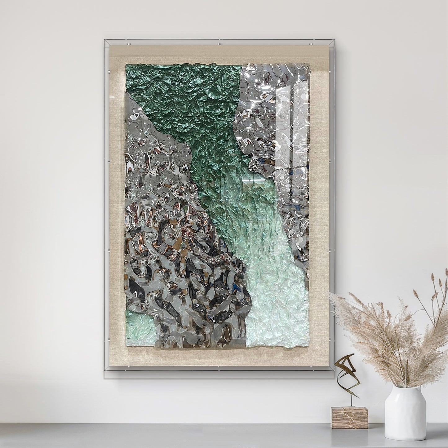 Green and Silver Crushed Metal Art, Abstract Paper Relief in Solid Wood Frame