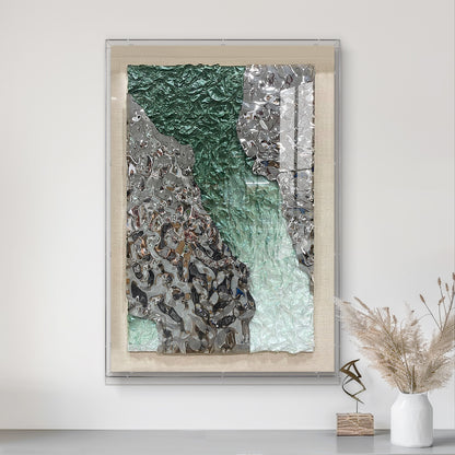 Green and Silver Crushed Metal Art, Abstract Paper Relief in Solid Wood Frame