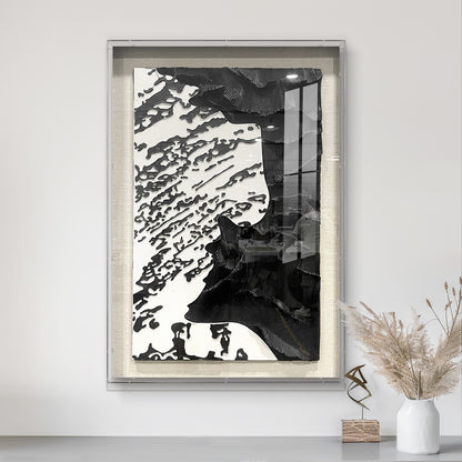 Modern Corporate Lobby Art, 3D Black and White Organic Sculpture with Tempered Glass