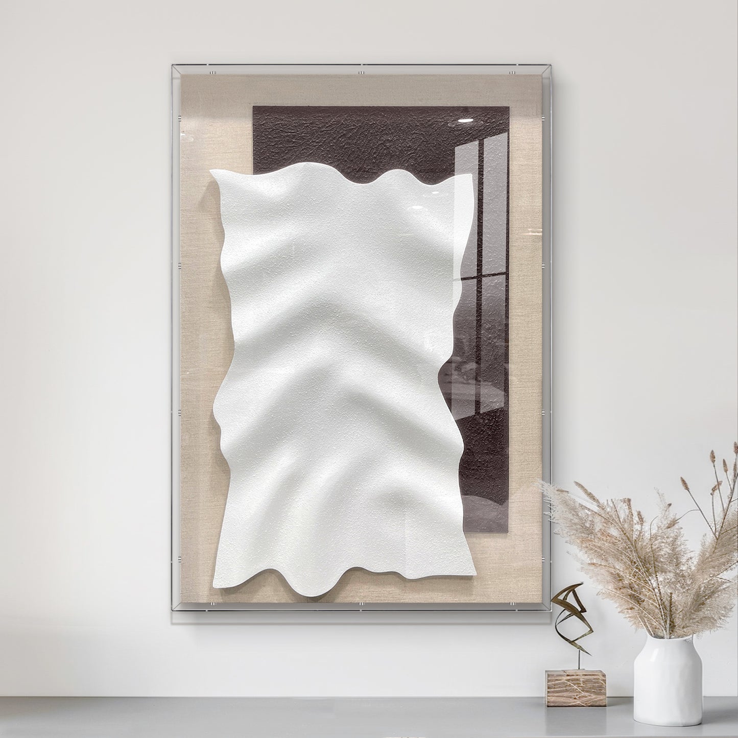 Minimalist 3D Sandstone Wall Sculpture – White Wave on Dark Rough Backing