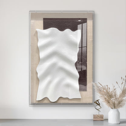 Minimalist 3D Sandstone Wall Sculpture – White Wave on Dark Rough Backing