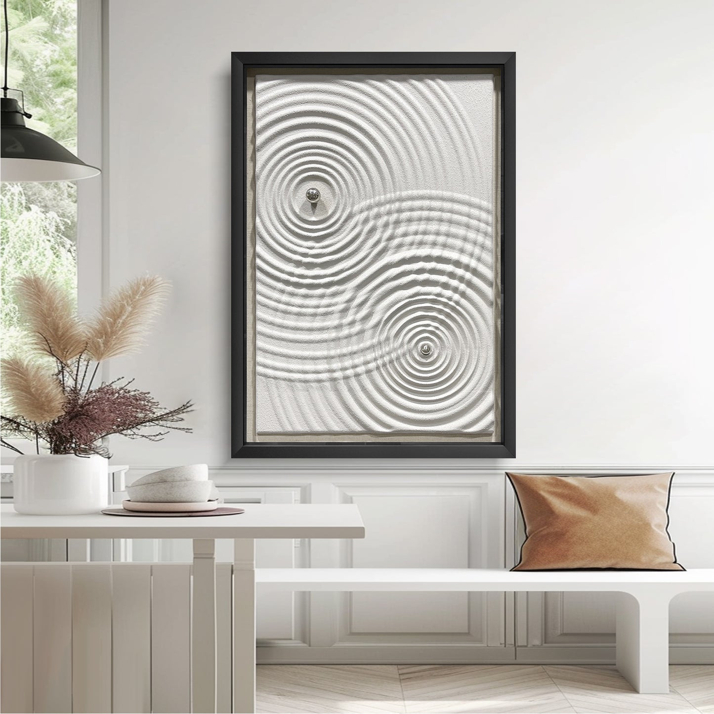 Minimalist Zen Ripple Carved Wood Panel with Silver Orb