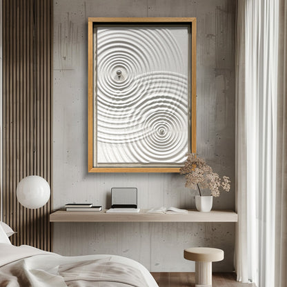 Minimalist Zen Ripple Carved Wood Panel with Silver Orb