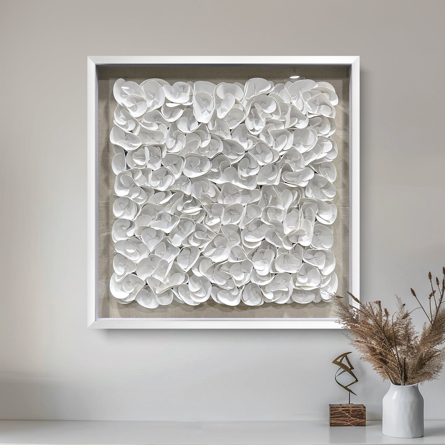 White Monochrome Leather Wall Sculpture - Luxury 3D Geometric Art