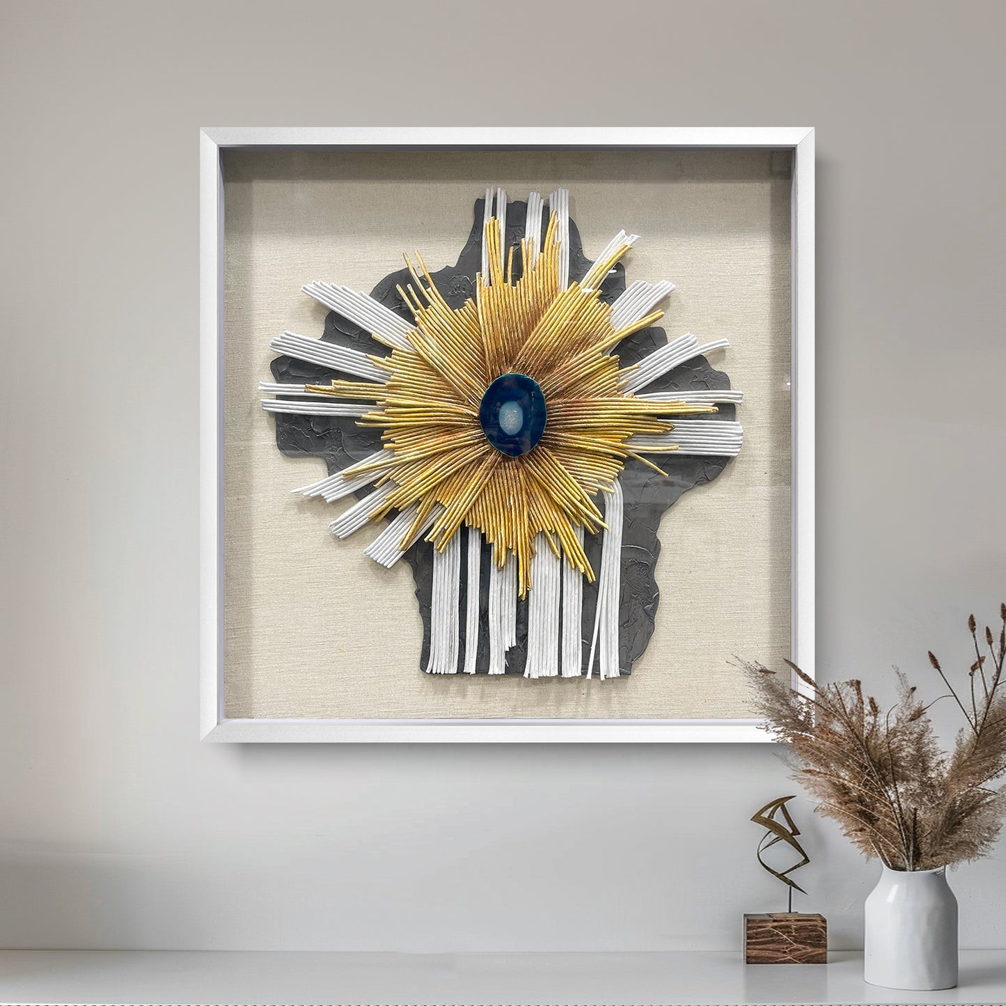 Abstract Mixed Media Framed Wall Art - 3D Geometric Relief