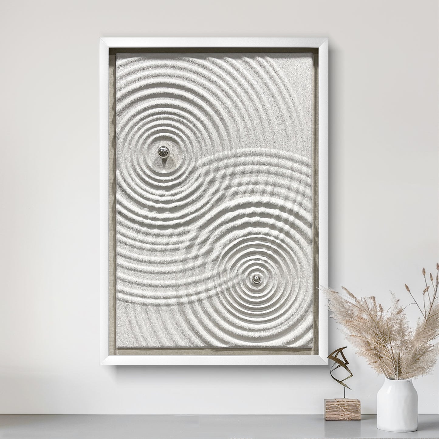 Minimalist Zen Ripple Carved Wood Panel with Silver Orb
